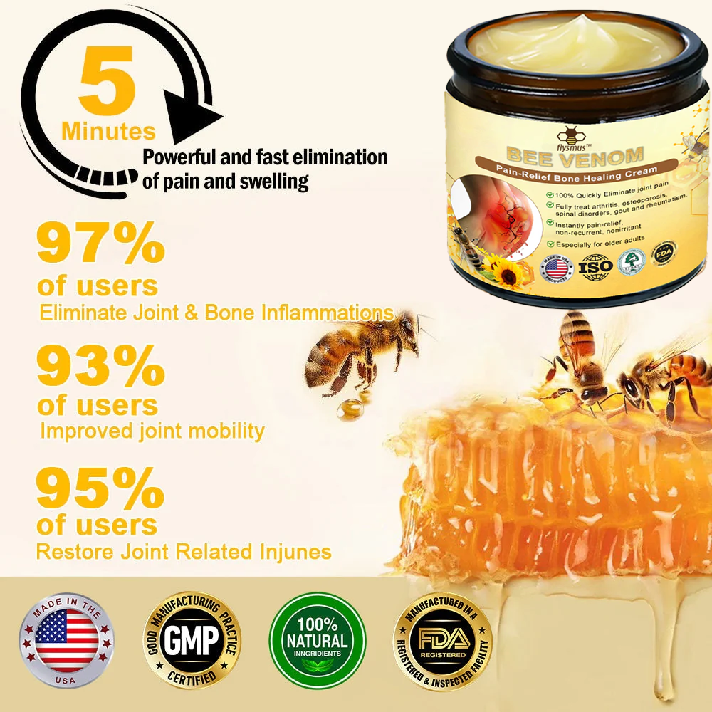 ✅Official Store: flysmus™ Bee-Venom Pain-Relief Bone Healing Cream👨‍⚕️United States Pharmacopeia (USP) Approved(Reducing joint swelling, pain, stiffness, warmth,redness,  soreness, and joint fatigue)